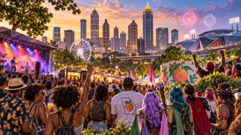 Illustrated Metro Atlanta Labor Day weekend festival scene with music, football, fireworks and convention crowds